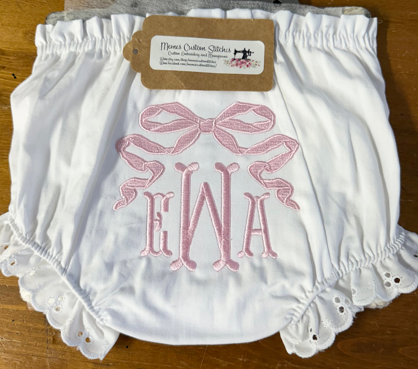 Personalized Baby Girl Name Monogram Coquette Bow Lace Ruffle Diaper Cover Bloomers Gift