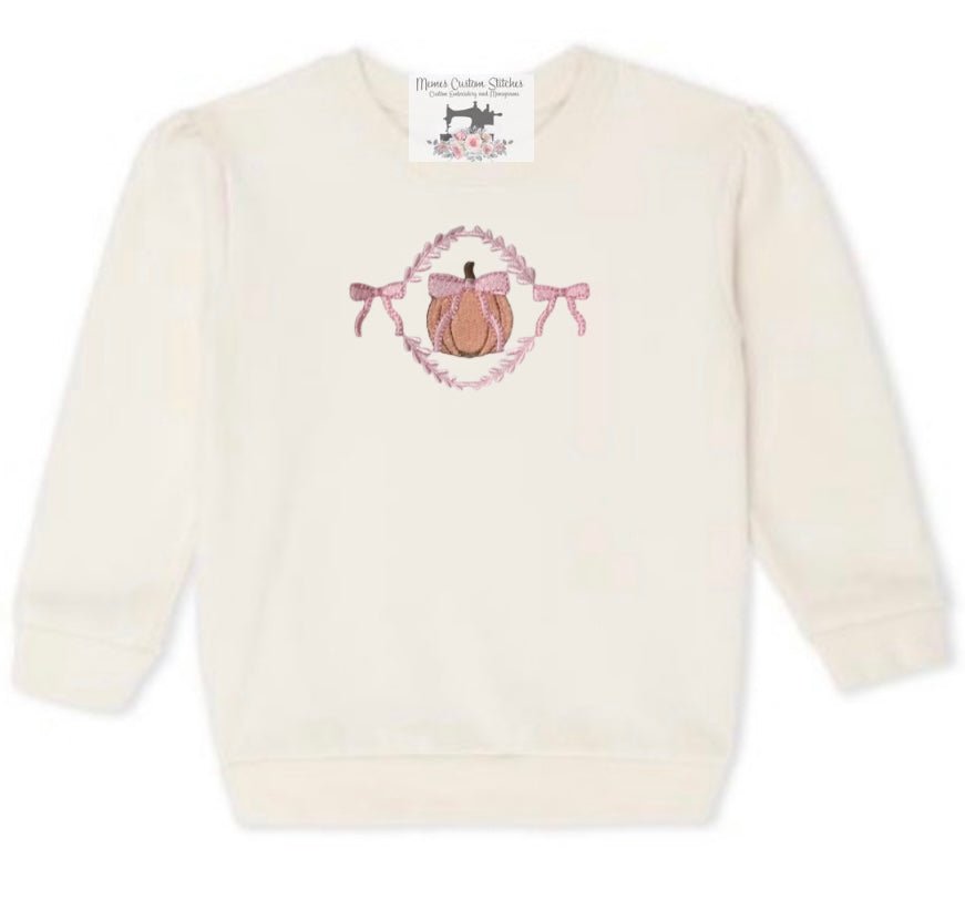 Girl’s Pumpkin Coquette Pink Bows Puff Sleeve Fleece Cream Sweatshirt - Memes Custom Stitches LLC