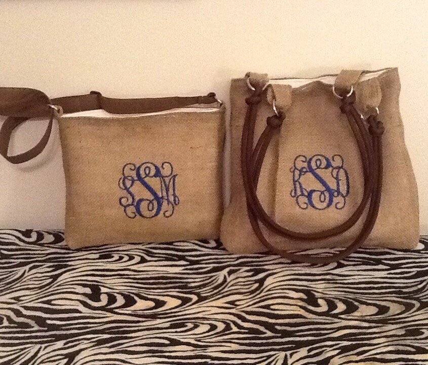 Handmade personalized Set of Mother Daughter Monogram Burlap shoulder Purses/Totes - Memes Custom Stitches LLC