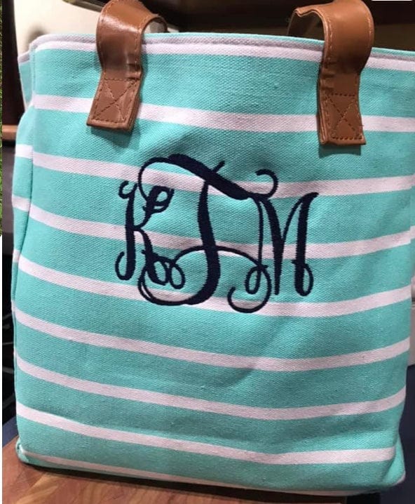 Monogram Striped Canvas Beach Tote Bag - Memes Custom Stitches LLC