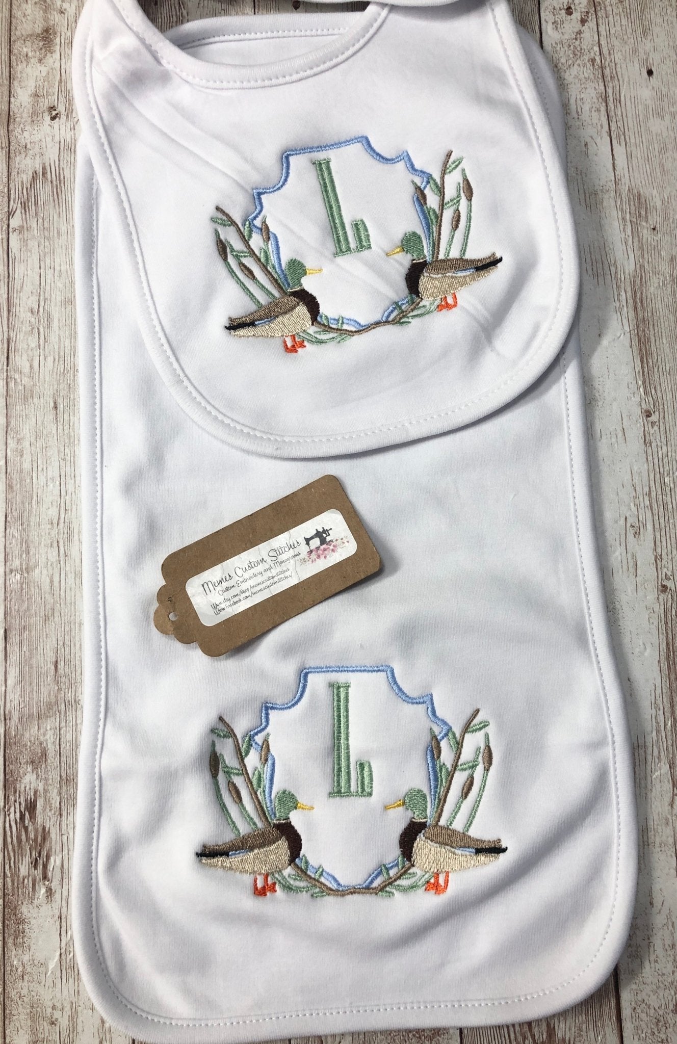 Personalized Baby Boy Mallard Ducks Bib Burp Cloth Bodysuit Newborn Gift Set - Memes Custom Stitches LLC
