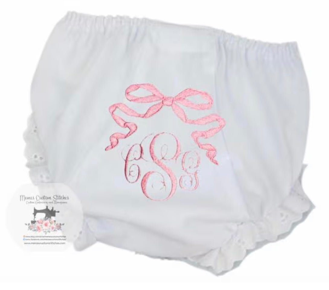 Personalized Baby Girl Name Monogram Coquette Bow Lace Ruffle Diaper Cover Bloomers Gift - Memes Custom Stitches LLC