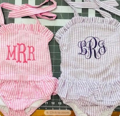 Personalized Baby Toddler Girls Seersucker Ruffled Lined Swim Bathing Suit - Memes Custom Stitches LLC