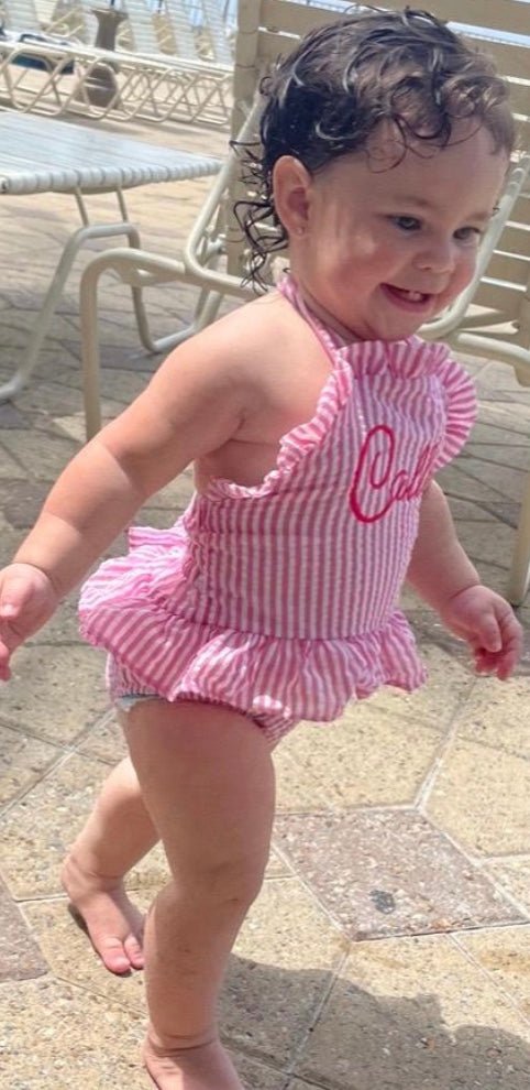 Personalized Baby Toddler Girls Seersucker Ruffled Lined Swim Bathing Suit - Memes Custom Stitches LLC