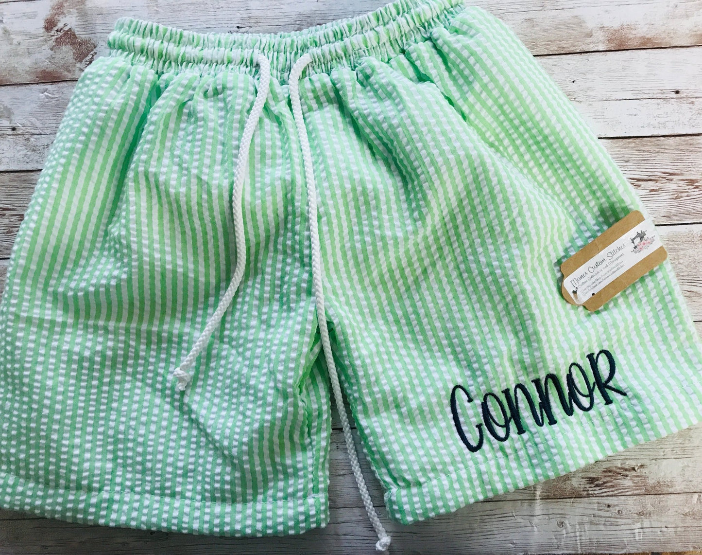 Personalized Kid boys seersucker fully lined swim trunks - Memes Custom Stitches LLC