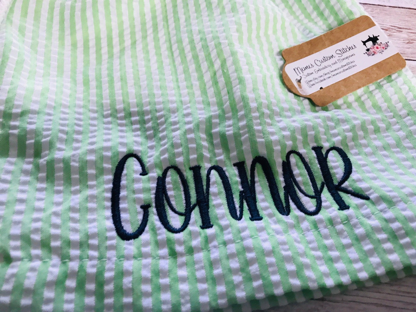 Personalized Kid boys seersucker fully lined swim trunks - Memes Custom Stitches LLC