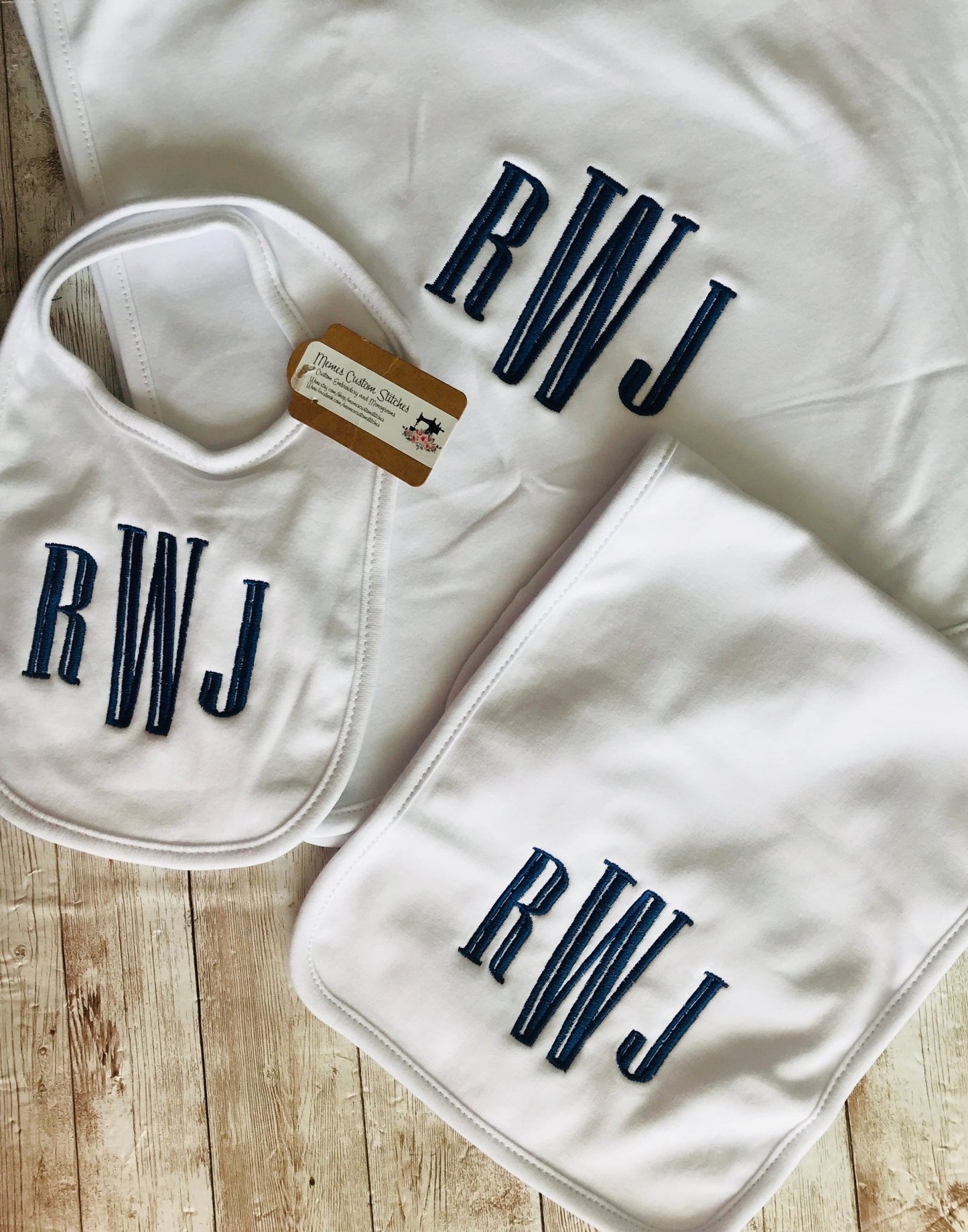 Personalized Monogram Baby Boy Bib Burp Cloth Blanket Sleep Set,Newborn Home Coming Shower Gift - Memes Custom Stitches LLC