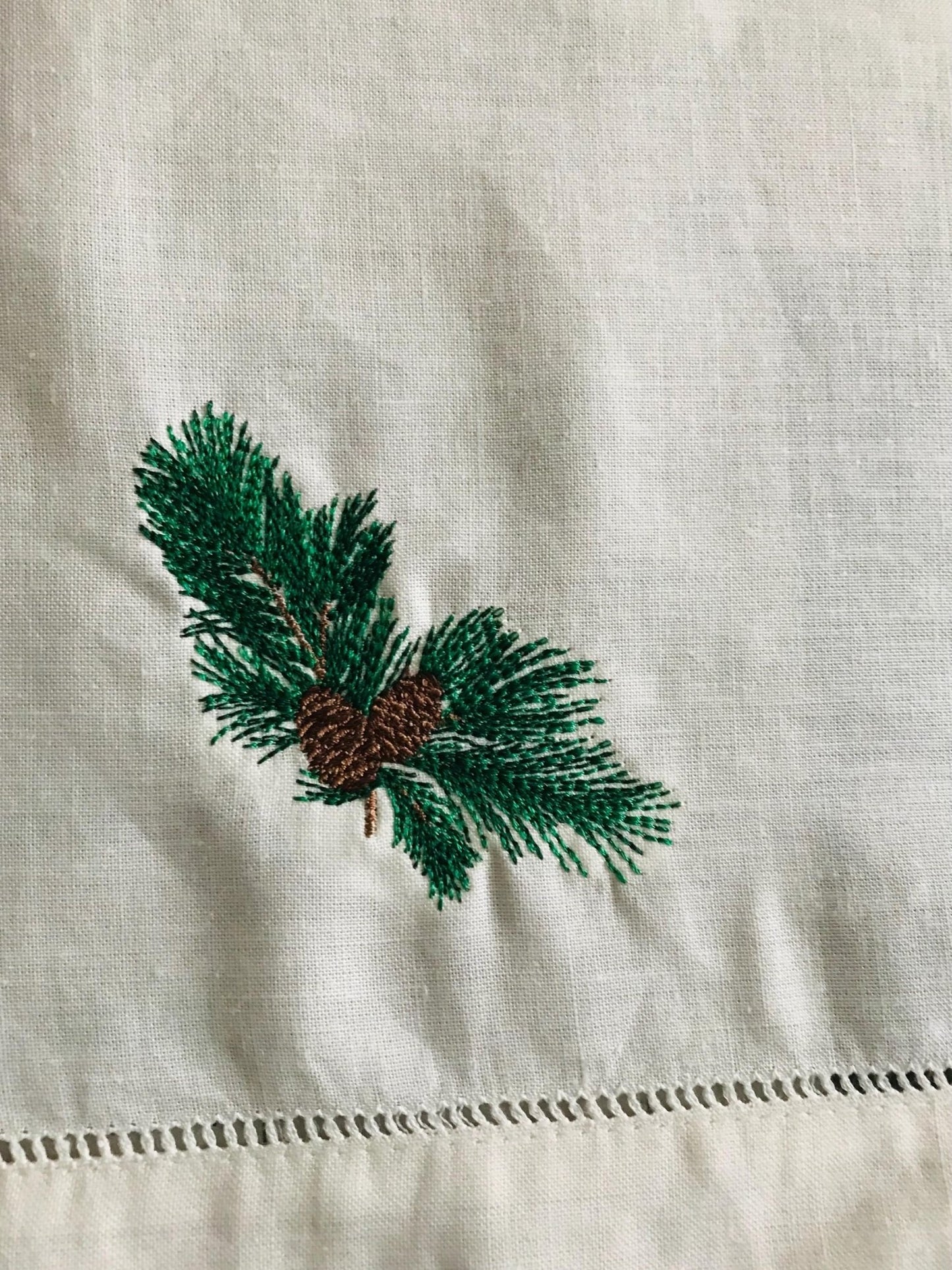 Pine Cone Sprig Cloth Linen Hemstitch Napkin Winter Table Decor - Memes Custom Stitches LLC