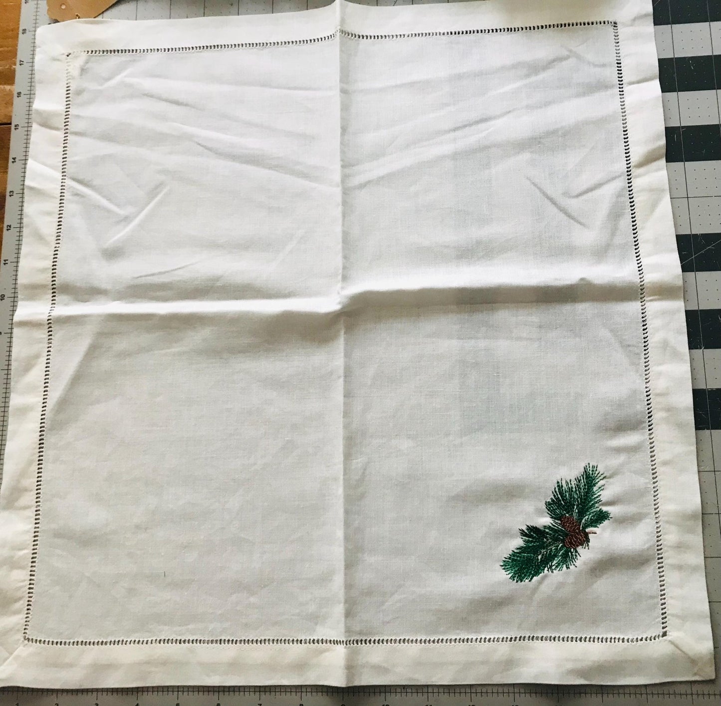 Pine Cone Sprig Cloth Linen Hemstitch Napkin Winter Table Decor - Memes Custom Stitches LLC