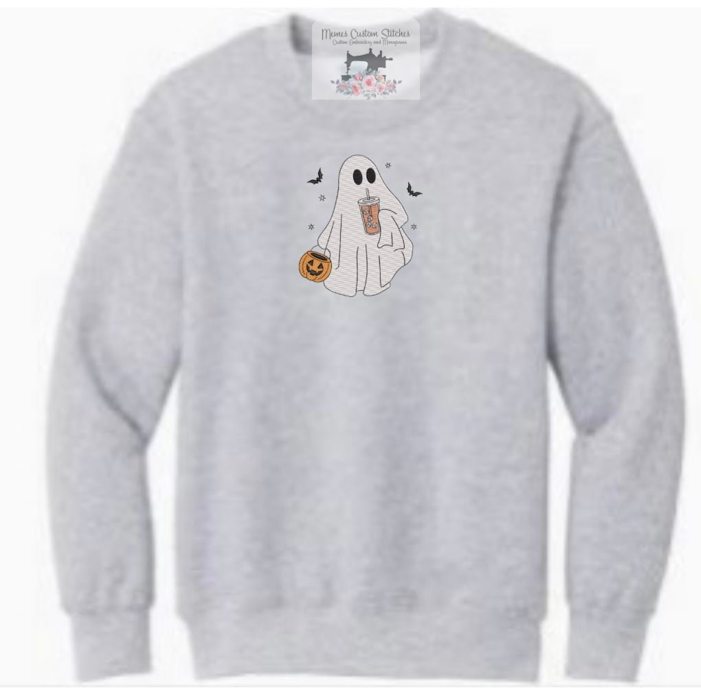 Women’s Halloween Ghost Coffee Adult Unisex Fleece Embroidered Crew Sweatshirt - Memes Custom Stitches LLC