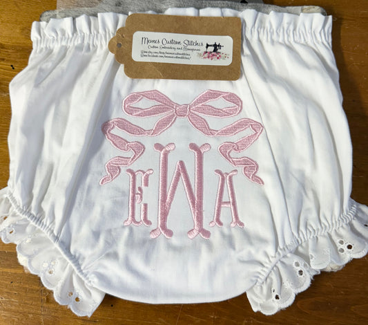 Personalized Baby Girl Name Monogram Coquette Bow Lace Ruffle Diaper Cover Bloomers Gift