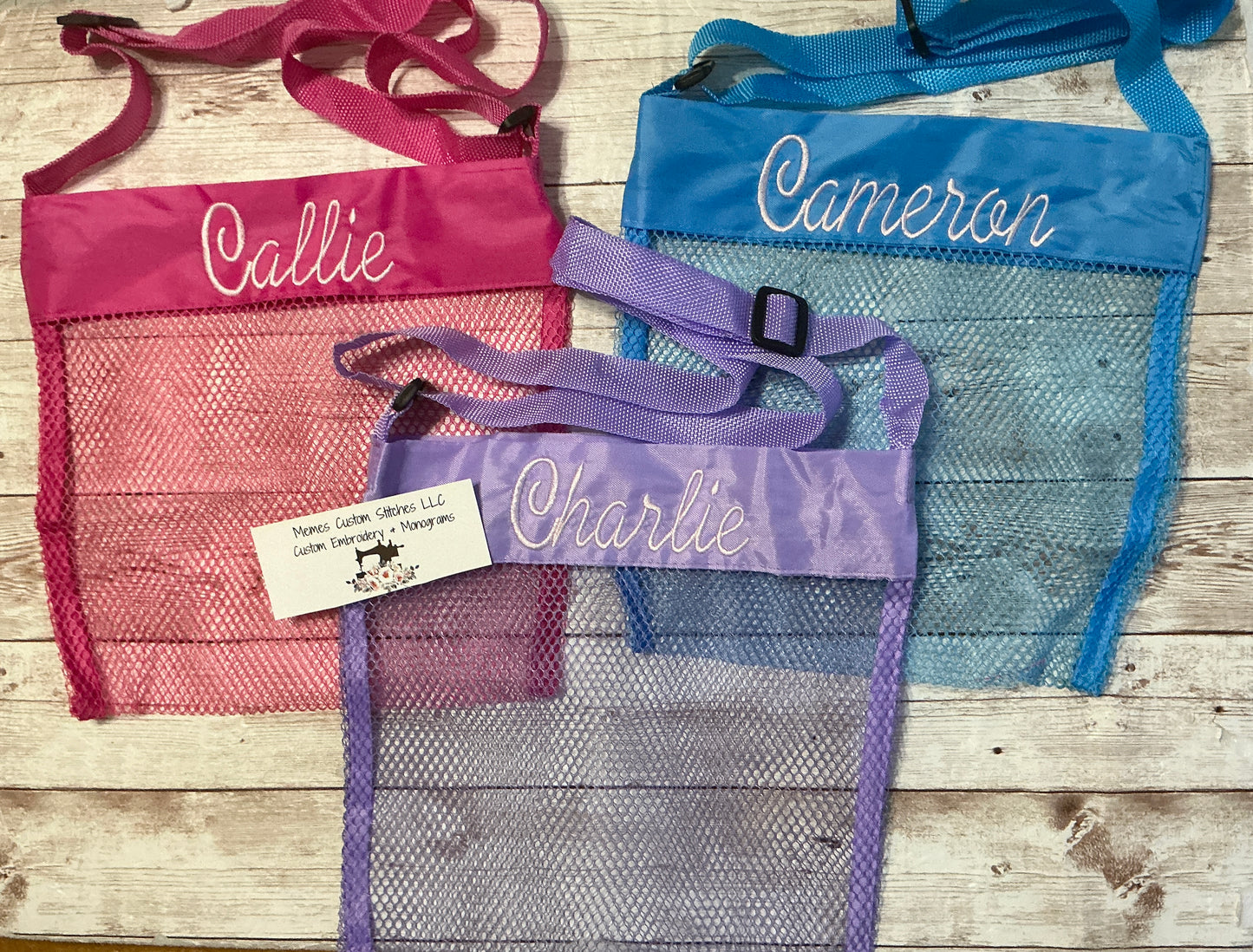 Personalized Kids Mesh Beach Bag | Custom Embroidered Name Bag | Adjustable Strap Child Crossbody Tote | Pool Bag | Vacation Bag | 8x8 Mesh Bag | Pink Blue Purple Yellow Lime