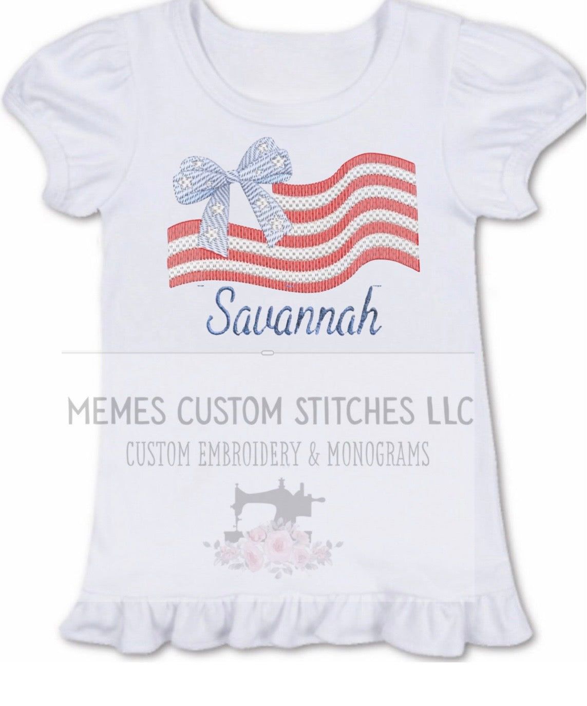 Girls Personalized Patriotic Flag Bow Cotton Embroidered Ruffle T-shirt