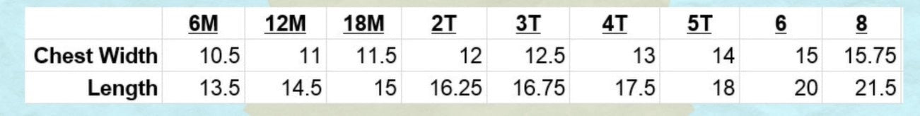 Kids tshirt size chart