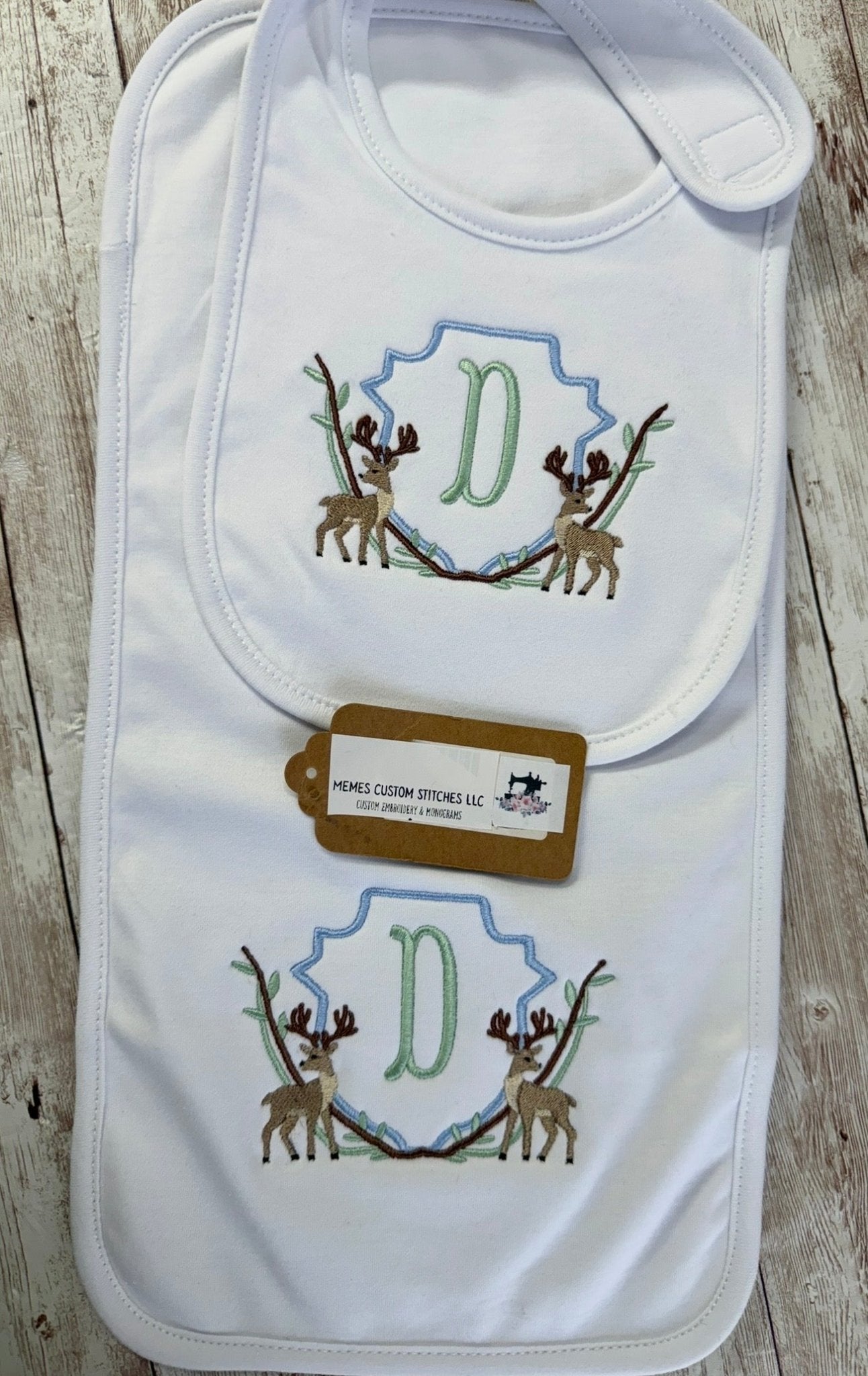 Baby Boy Personalized Deer Bib Burp Cloth Bodysuit Gift Set - Memes Custom Stitches LLC