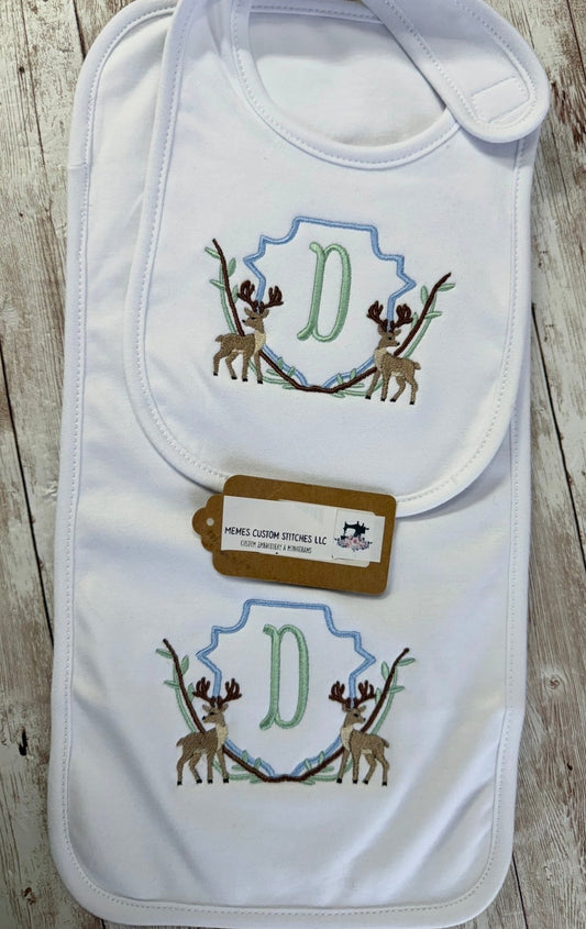 Baby Boy Personalized Deer Bib Burp Cloth Bodysuit Gift Set - Memes Custom Stitches LLC