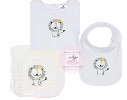 Baby Boy’s Crowned Lion Bodysuit Burp Cloth Bib Gift Set - Memes Custom Stitches LLC