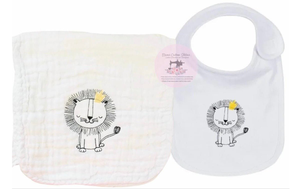 Baby Boy’s Crowned Lion Bodysuit Burp Cloth Bib Gift Set - Memes Custom Stitches LLC