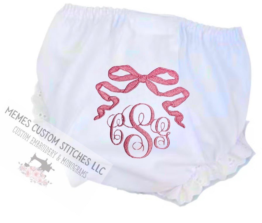 Baby Girl Monogram Coquette Bow Ruffle Diaper Cover Bloomer - Memes Custom Stitches LLC