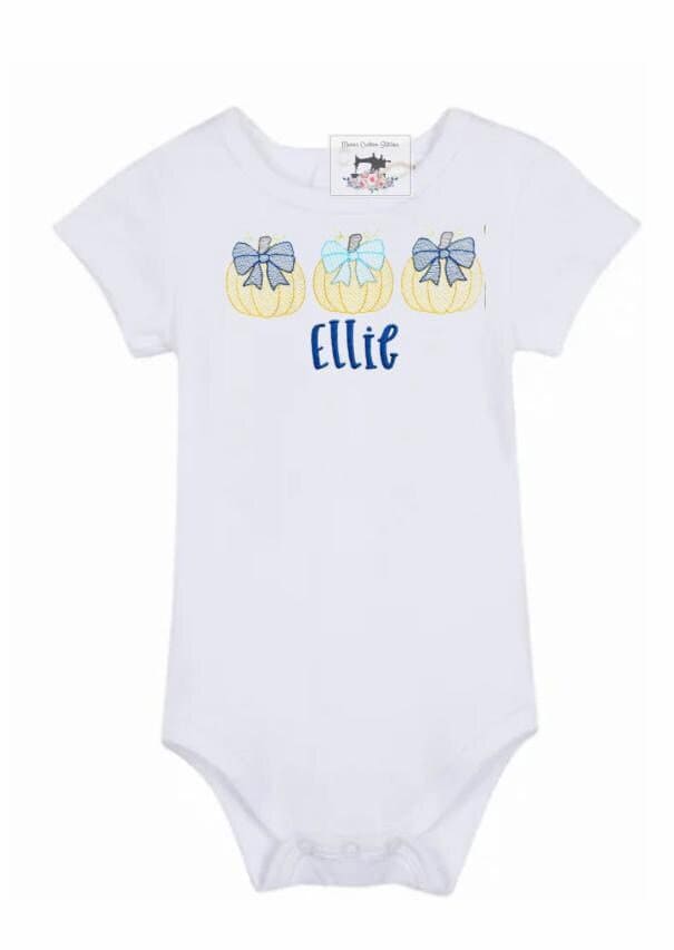 Baby Girl Personalized Fall Trio Pumpkins Blue Bows Onesie Bodysuit - Memes Custom Stitches LLC