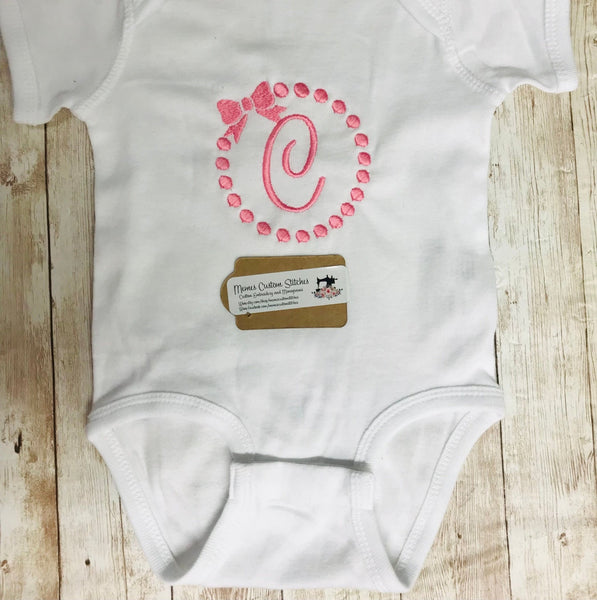 Baby Girl Pink Bow Initial Bodysuit Onesie - Memes Custom Stitches LLC