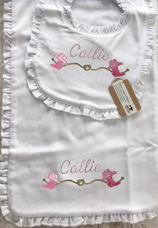 Baby Girl Ruffled Personalized Name Western Cowboy Boots Hat Burp Cloth Bib Newborn Gift - Memes Custom Stitches LLC