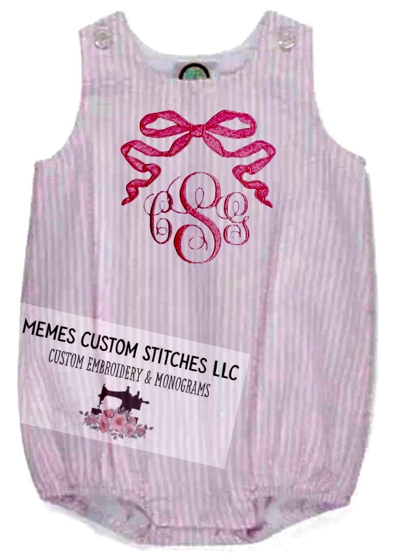 Baby Girl’s Monogram Coquette Bow Summer Sun Bubble Romper - Memes Custom Stitches LLC