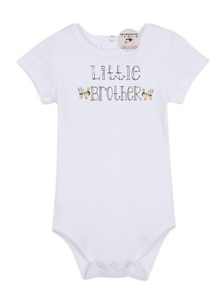 Boys Little Brother Mallard Duck White Bodysuit - Memes Custom Stitches LLC