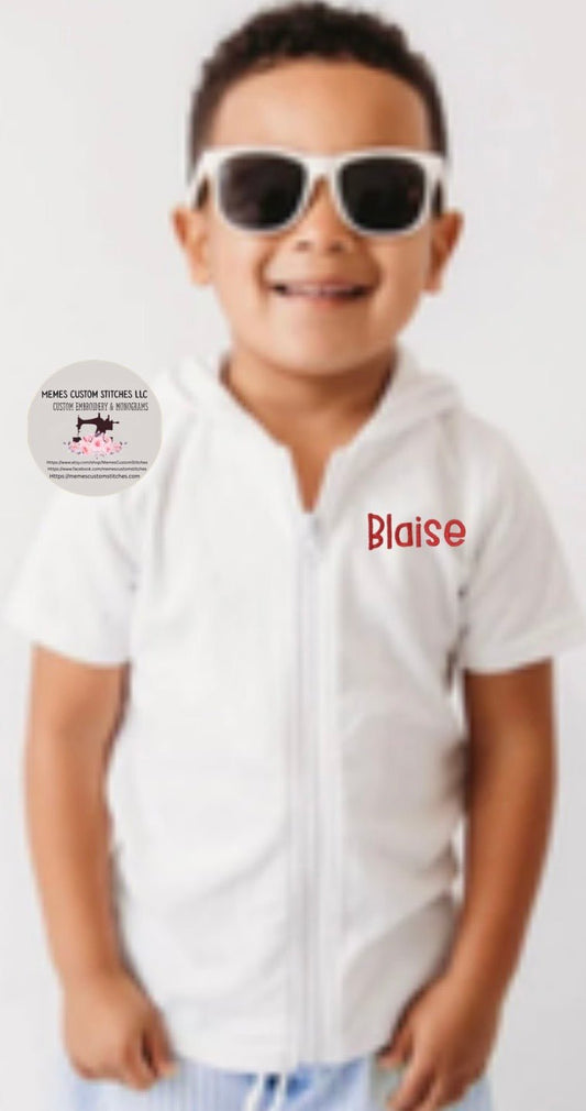Boy’s Personalized Name Monogram Hooded Swim Cover Up Shirt - Memes Custom Stitches LLC