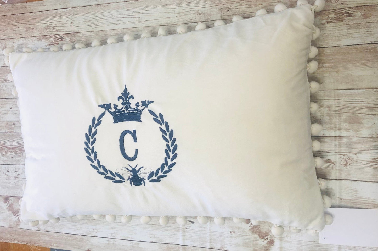 Farmhouse French Country Victorian Crown Bee Wreath Initial Pom Pom Velvet Throw Pillow Cover , Personalized Decor Gifts,Housewarming Gifts - Memes Custom Stitches LLC