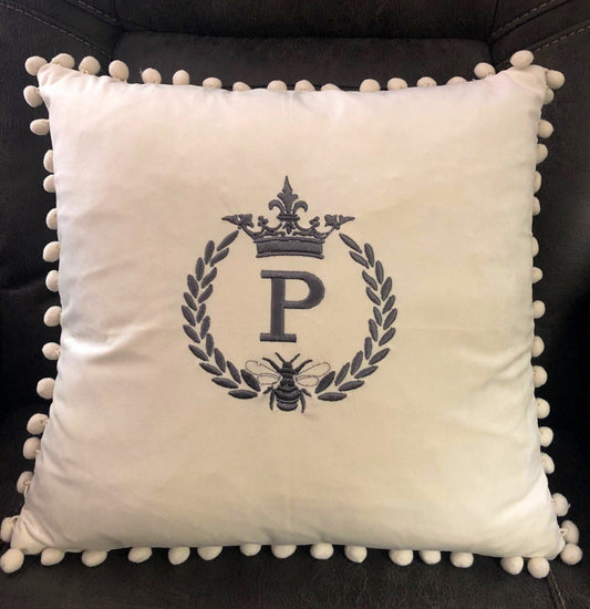 Farmhouse French Country Victorian Crown Bee Wreath Initial Pom Pom Velvet Throw Pillow Cover , Personalized Decor Gifts,Housewarming Gifts - Memes Custom Stitches LLC