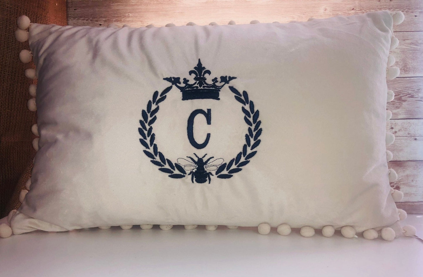 Farmhouse French Country Victorian Crown Bee Wreath Initial Pom Pom Velvet Throw Pillow Cover , Personalized Decor Gifts,Housewarming Gifts - Memes Custom Stitches LLC