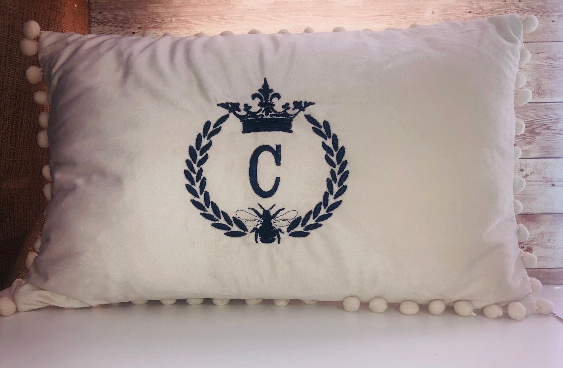 Farmhouse French Country Victorian Crown Bee Wreath Initial Pom Pom Velvet Throw Pillow Cover , Personalized Decor Gifts,Housewarming Gifts - Memes Custom Stitches LLC