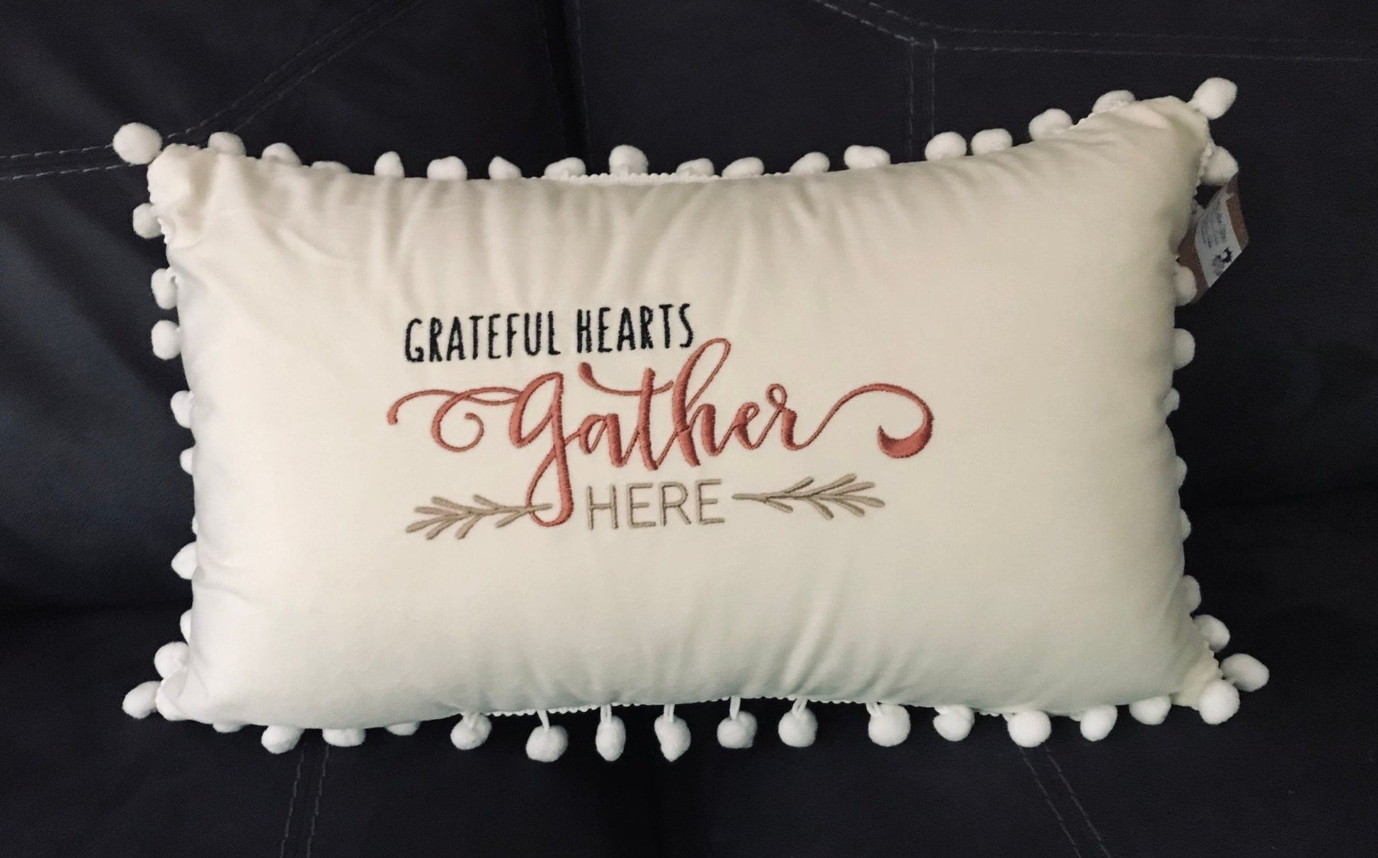 Gather Here Pom Pom Velvet Lumbar Throw Pillow Cover ,12x20, Fall Decor,Housewarming Gifts - Memes Custom Stitches LLC