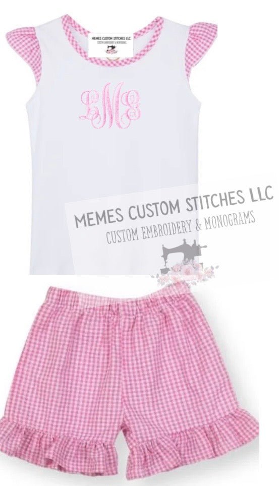 Girl’s Monogram Tshirt Shorts Gingham Set - Memes Custom Stitches LLC