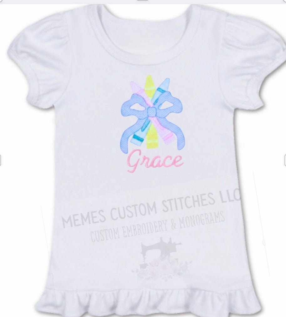Girl’s Personalized Back to School Bow Crayons Ruffle Tshirt - Memes Custom Stitches LLC