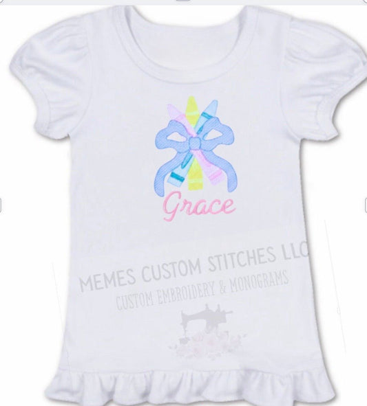 Girl’s Personalized Back to School Bow Crayons Ruffle Tshirt - Memes Custom Stitches LLC