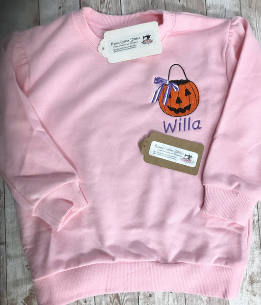 Girls Personalized Bow Halloween Pumpkin Jack O Lantern Fleece Sweatshirt - Memes Custom Stitches LLC