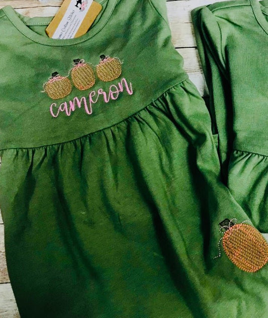 Girls Personalized Fall Pumpkin Ruffle Cotton Empire Long Sleeve Dress - Memes Custom Stitches LLC