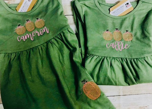 Girls Personalized Fall Pumpkin Ruffle Cotton Empire Long Sleeve Dress - Memes Custom Stitches LLC