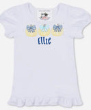 Girls Personalized Fall Trio Pumpkins Blue Bows Ruffled T - Shirt - Memes Custom Stitches LLC