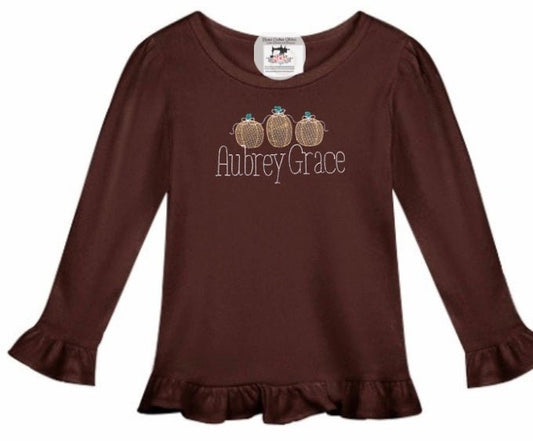 Girl’s Personalized Name Fall Pumpkin Coquette Pink Bow Ruffled Long Sleeve Shirt - Memes Custom Stitches LLC