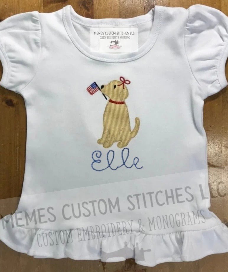 Girl’s Personalized Patriotic Dog Embroidered Ruffle T-Shirt - Memes Custom Stitches LLC