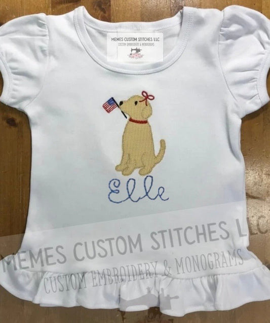 Girl’s Personalized Patriotic Dog Embroidered Ruffle T-Shirt - Memes Custom Stitches LLC