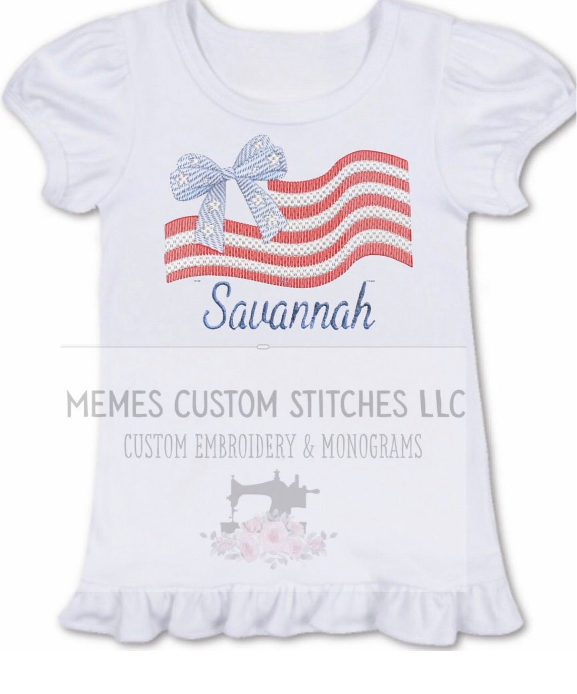 Girls Personalized Patriotic Flag Bow Cotton Embroidered Ruffle T-shirt - Memes Custom Stitches LLC