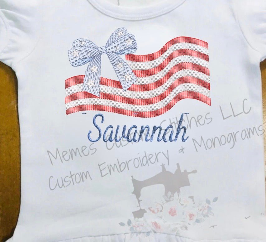 Girls Personalized Patriotic Flag Bow Cotton Embroidered Ruffle T-shirt - Memes Custom Stitches LLC