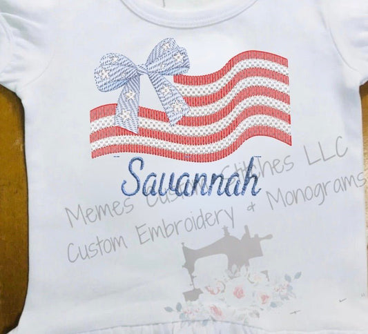 Girls Personalized Patriotic Flag Bow Cotton Embroidered Ruffle T-shirt - Memes Custom Stitches LLC