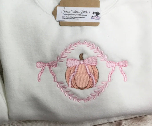Girl’s Pumpkin Coquette Pink Bows Puff Sleeve Fleece Cream Sweatshirt - Memes Custom Stitches LLC