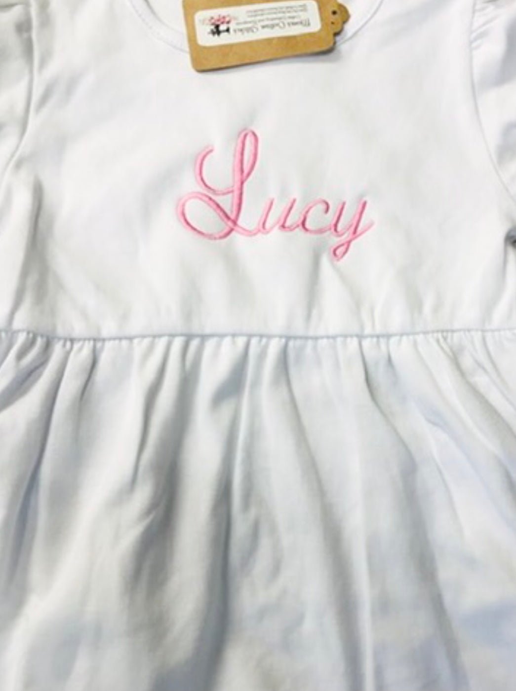 Girl’s Short Sleeve Monogram Name Ruffle Smocked Cotton Empire Dress, School Outfit - Memes Custom Stitches LLC