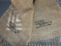 Grateful Hearts Gather Here Farmhouse Fringe Handmade Burlap Table Runner - Memes Custom Stitches LLC